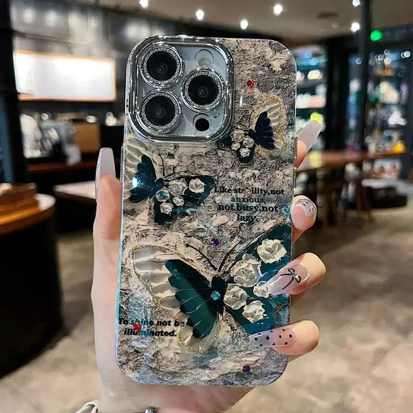 Luxury Black Butterfly Flower Laser Phone Case For iPhone 16 Pro Max 15 14 13 12 11 Glitter Diamond Soft Shockproof Bumper Cover